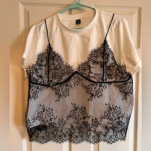 SHEIN Curve White Tee with Lace Overlay